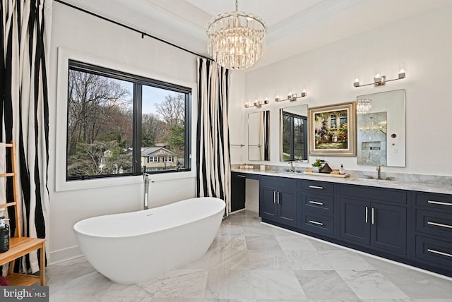 1564 Forest Villa Ln, Mclean, VA 22101 - full bath with a chandelier, a freestanding bath, double vanity, and marble finish floors