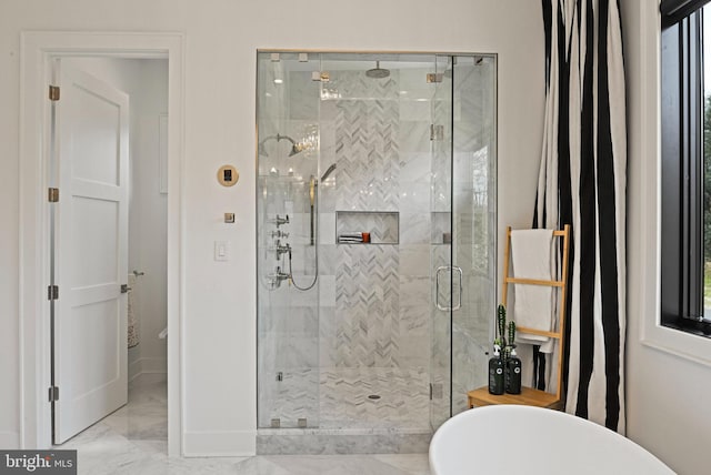 1564 Forest Villa Ln, Mclean, VA 22101 - full bathroom featuring marble finish flooring, a soaking tub, a shower stall, and baseboards