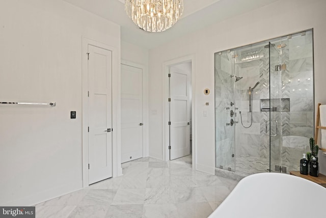 1564 Forest Villa Ln, Mclean, VA 22101 - bathroom featuring a chandelier, baseboards, a marble finish shower, and a freestanding bath