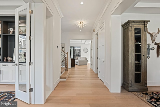 1564 Forest Villa Ln, Mclean, VA 22101 - hallway with light wood-style flooring, stairs, crown molding, recessed lighting, and baseboards