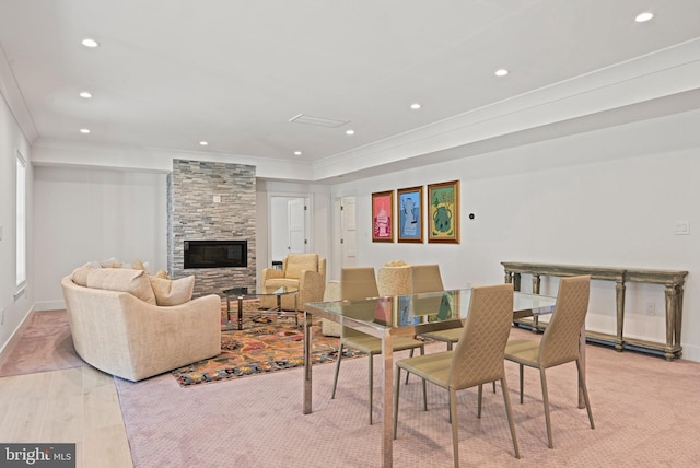 1564 Forest Villa Ln, Mclean, VA 22101 - dining area featuring crown molding, recessed lighting, a fireplace, and baseboards