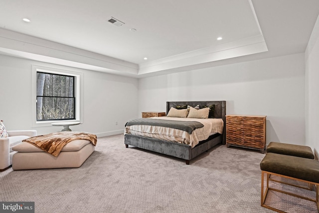 1564 Forest Villa Ln, Mclean, VA 22101 - bedroom with light colored carpet, a tray ceiling, recessed lighting, and baseboards