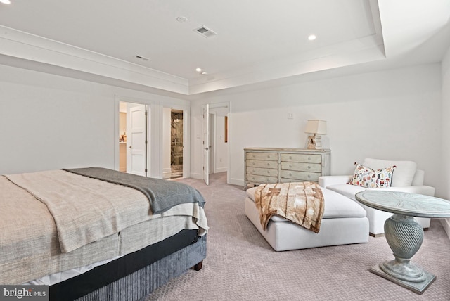 1564 Forest Villa Ln, Mclean, VA 22101 - carpeted bedroom featuring a tray ceiling, recessed lighting, baseboards, and connected bathroom