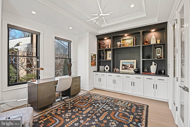 1564 Forest Villa Ln, Mclean, VA 22101 - home office with light wood finished floors, a tray ceiling, recessed lighting, and built in features