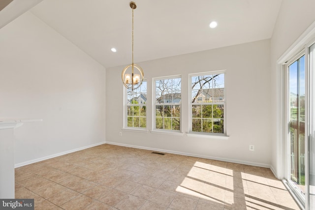 100 Fiesta Dr, Stephenson, VA 22656 - unfurnished dining area featuring a chandelier, lofted ceiling, recessed lighting, light tile patterned floors, and baseboards