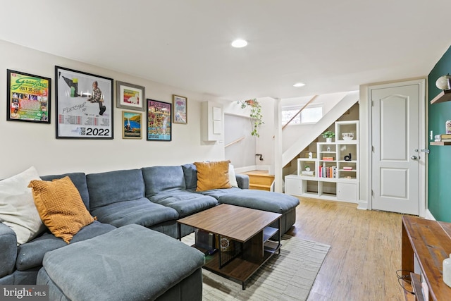220 S E Ave, Baltimore, MD 21224 - living area with stairway, light wood-style flooring, recessed lighting, and built in features