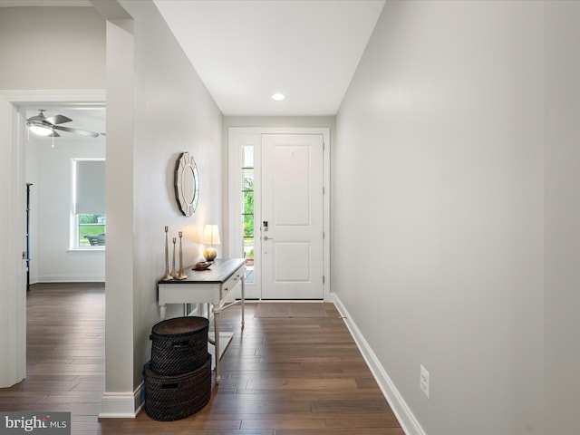 entrance foyer with dark wood-style flooring, baseboards, recessed lighting, and a ceiling fan