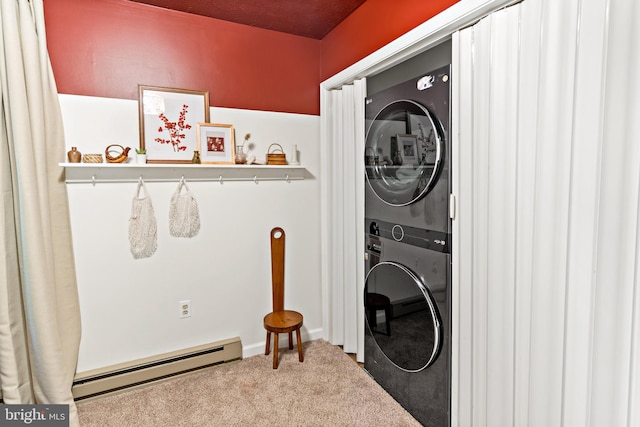 114 Limestone Ln, Berkeley Springs, WV 25411 - laundry area featuring stacked washer / dryer, carpet, and baseboard heating