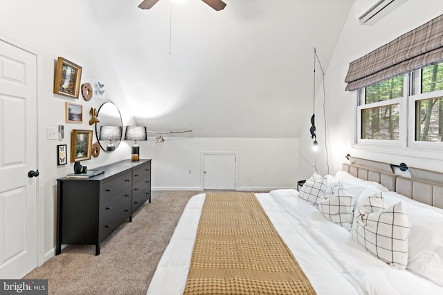 114 Limestone Ln, Berkeley Springs, WV 25411 - bedroom with vaulted ceiling, light carpet, a wall mounted air conditioner, baseboards, and a ceiling fan