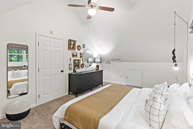 114 Limestone Ln, Berkeley Springs, WV 25411 - bedroom featuring carpet flooring, baseboards, ceiling fan, and high vaulted ceiling