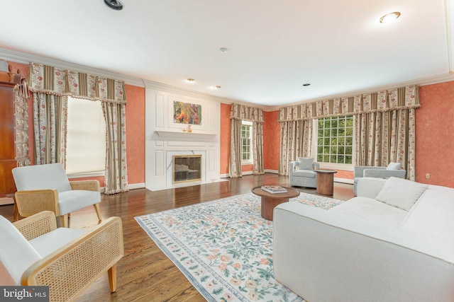 201 Dogwood Slope Rd, Wilmington, DE 19807 - living area with crown molding, wood finished floors, a fireplace, and wallpapered walls