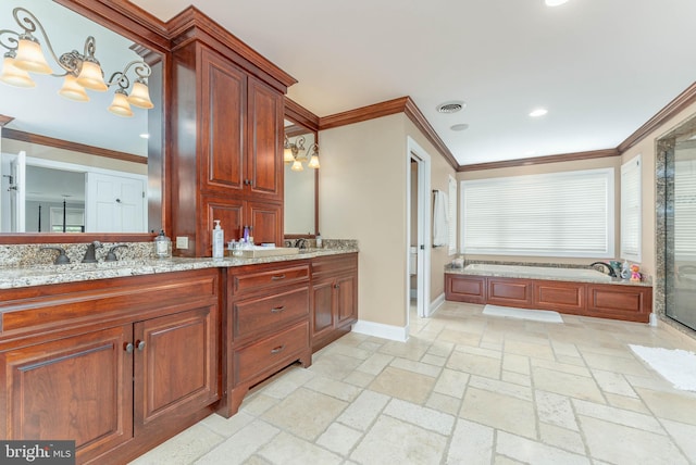 201 Dogwood Slope Rd, Wilmington, DE 19807 - bathroom with double vanity, ornamental molding, a garden tub, stone tile floors, and a stall shower