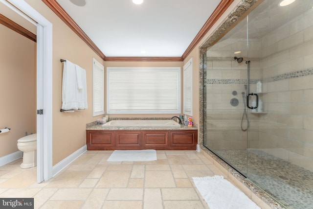201 Dogwood Slope Rd, Wilmington, DE 19807 - full bath featuring a garden tub, ornamental molding, a shower stall, stone tile flooring, and recessed lighting