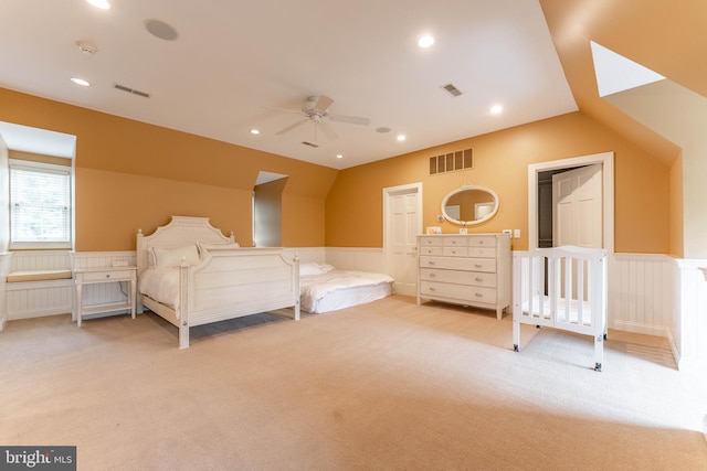 201 Dogwood Slope Rd, Wilmington, DE 19807 - bedroom featuring light carpet, a wainscoted wall, lofted ceiling, and recessed lighting