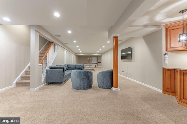 201 Dogwood Slope Rd, Wilmington, DE 19807 - living room with light colored carpet, stairway, recessed lighting, and decorative columns