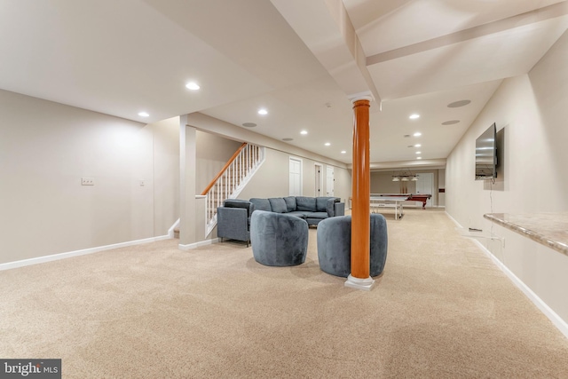 201 Dogwood Slope Rd, Wilmington, DE 19807 - living room featuring carpet floors, stairway, recessed lighting, pool table, and decorative columns