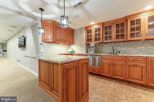 201 Dogwood Slope Rd, Wilmington, DE 19807 - kitchen featuring dishwasher, brown cabinetry, decorative light fixtures, tasteful backsplash, and light stone counters