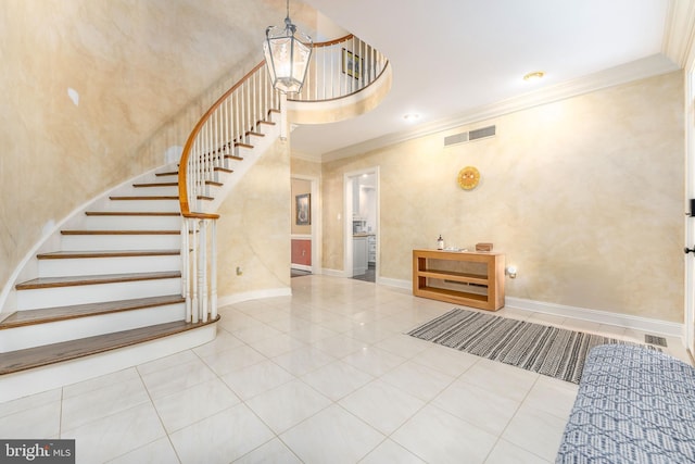 201 Dogwood Slope Rd, Wilmington, DE 19807 - staircase featuring ornamental molding, a chandelier, and tile patterned floors
