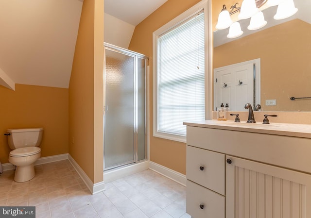 201 Dogwood Slope Rd, Wilmington, DE 19807 - full bathroom with vanity, a shower stall, tile patterned flooring, vaulted ceiling, and a chandelier