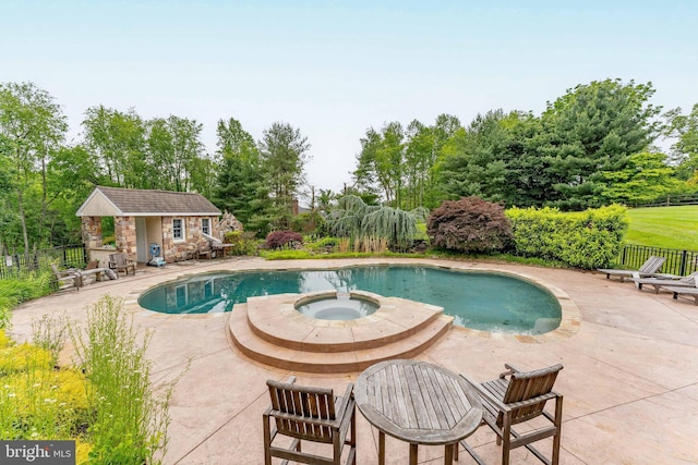 201 Dogwood Slope Rd, Wilmington, DE 19807 - view of swimming pool with a patio area, an outdoor structure, a storage structure, a pool with connected hot tub, and view of scattered trees