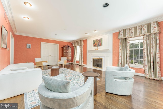 201 Dogwood Slope Rd, Wilmington, DE 19807 - living room featuring ornamental molding, wood finished floors, and a fireplace with flush hearth