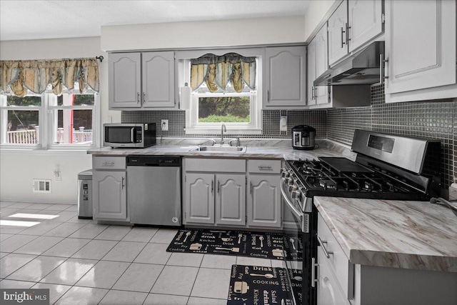 19 Strassberg Ct, Hamilton, NJ 08690 - kitchen featuring stainless steel appliances, a sink, under cabinet range hood, gray cabinetry, and backsplash