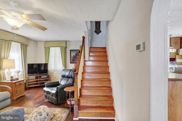 stairway featuring wood finished floors, a ceiling fan, and arched walkways