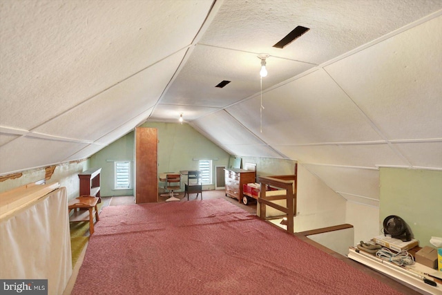 additional living space featuring carpet, lofted ceiling, and a textured ceiling