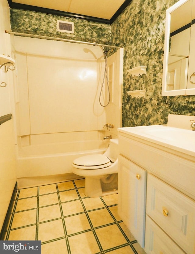 full bath with wallpapered walls, tub / shower combination, toilet, vanity, and tile patterned flooring
