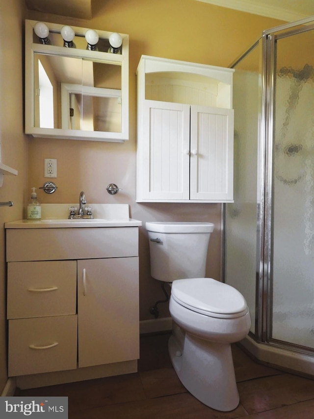 bathroom with a shower stall, toilet, and vanity