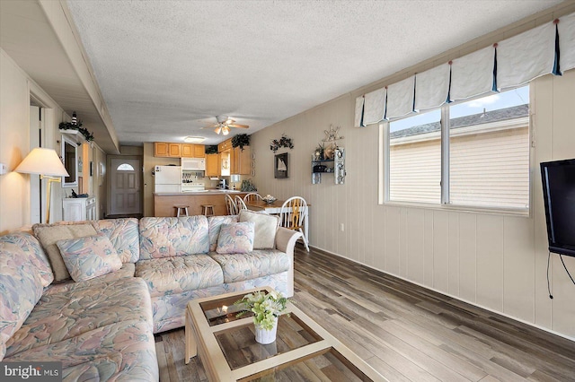 128 Captains Quarters Rd Unit 201, Ocean City, MD 21842 - living area featuring a textured ceiling, light wood-style floors, and a ceiling fan
