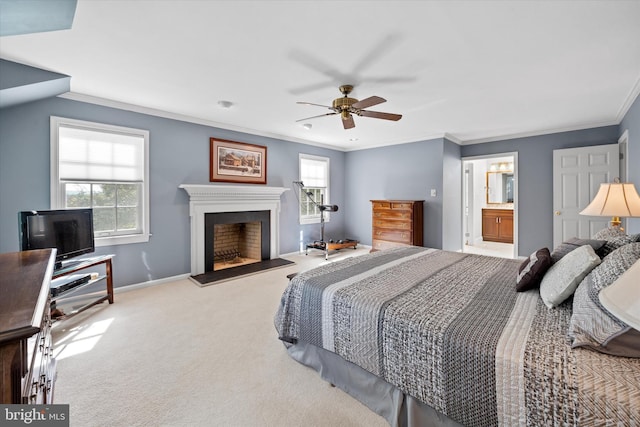 carpeted bedroom with crown molding, multiple windows, a fireplace with raised hearth, baseboards, and ceiling fan