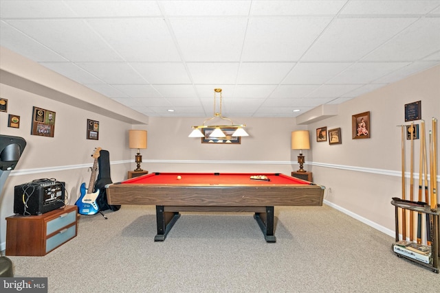 recreation room featuring a drop ceiling, carpet flooring, pool table, and baseboards