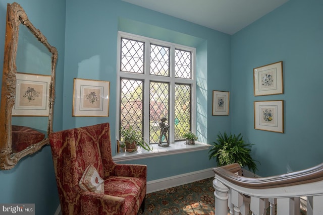sitting room with baseboards and carpet
