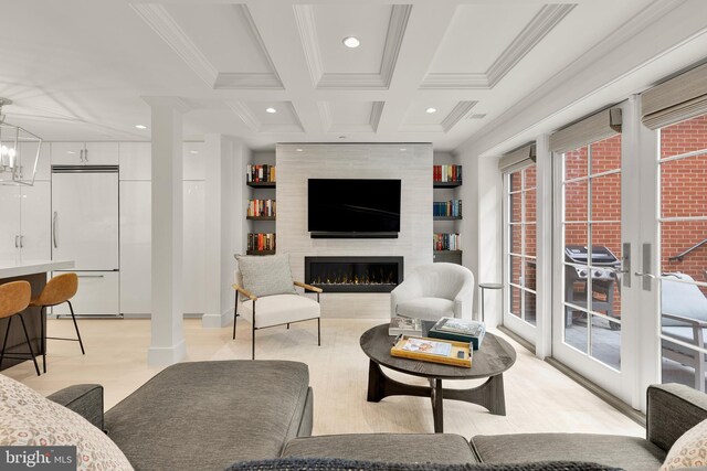 2122 N St NW Unit 1, Washington, DC 20037 - living area featuring ornamental molding, built in features, recessed lighting, a large fireplace, and coffered ceiling