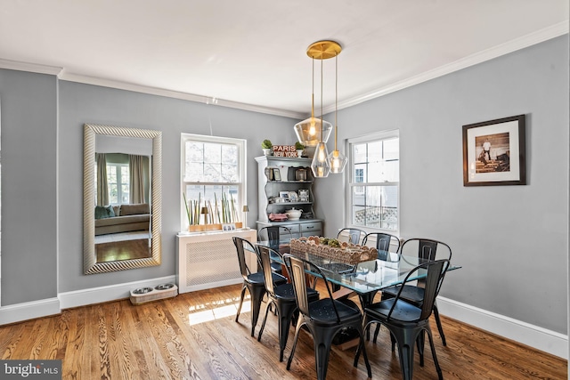 3503 Norris Pl, Alexandria, VA 22305 - dining space featuring baseboards, crown molding, healthy amount of natural light, wood finished floors, and radiator heating unit