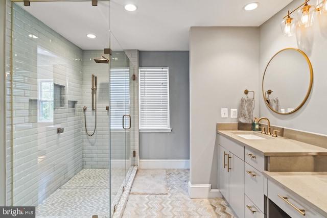 3503 Norris Pl, Alexandria, VA 22305 - bathroom with vanity, a stall shower, baseboards, recessed lighting, and tile patterned flooring