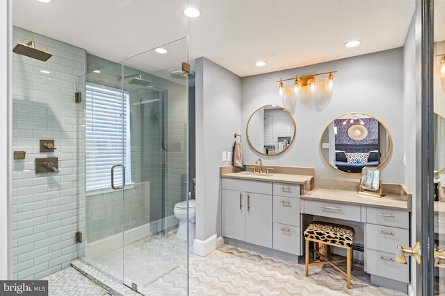 3503 Norris Pl, Alexandria, VA 22305 - bathroom with a stall shower, vanity, recessed lighting, toilet, and tile patterned floors