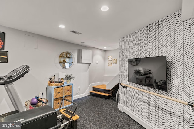 3503 Norris Pl, Alexandria, VA 22305 - exercise room featuring an accent wall, recessed lighting, baseboards, and wallpapered walls