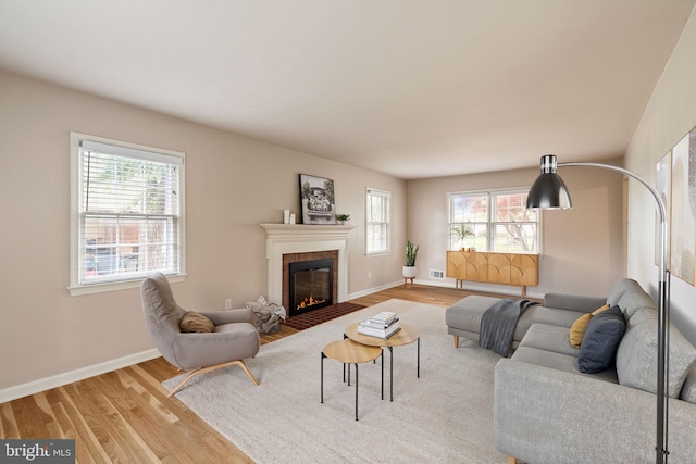 living area with plenty of natural light, wood finished floors, a fireplace with flush hearth, and baseboards
