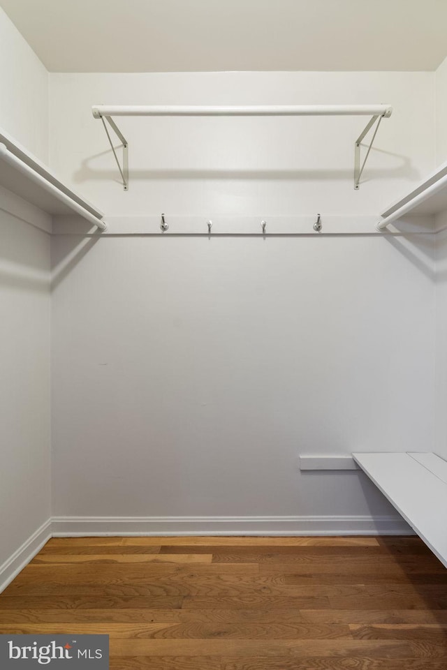 walk in closet with wood finished floors