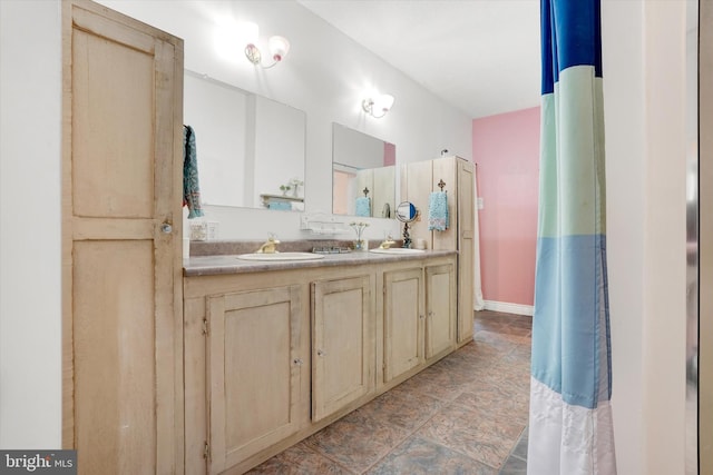 13450 Millstone Cir, Hancock, MD 21750 - bathroom with double vanity, baseboards, and stone finish flooring