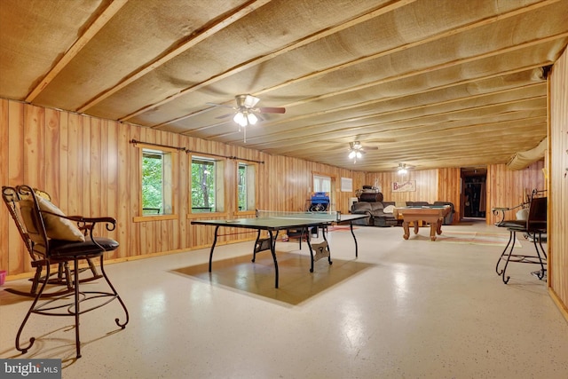 13450 Millstone Cir, Hancock, MD 21750 - game room featuring pool table, a ceiling fan, and wooden walls