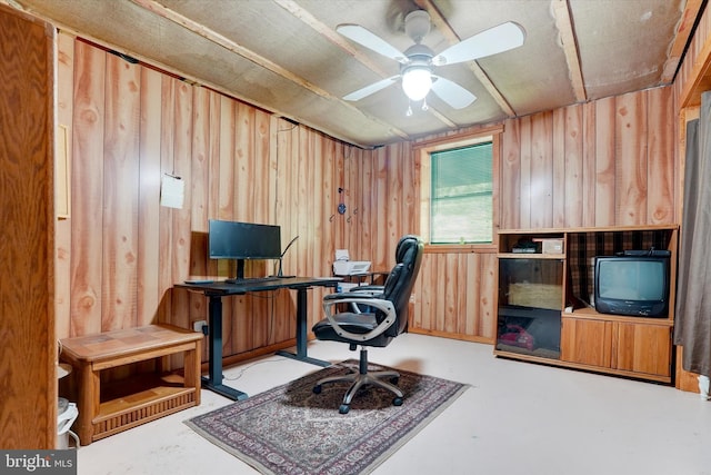 13450 Millstone Cir, Hancock, MD 21750 - office featuring wood walls, concrete floors, and a ceiling fan