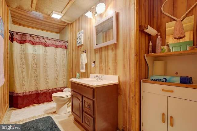 13450 Millstone Cir, Hancock, MD 21750 - bathroom with toilet, vanity, curtained shower, tile patterned floors, and wood walls