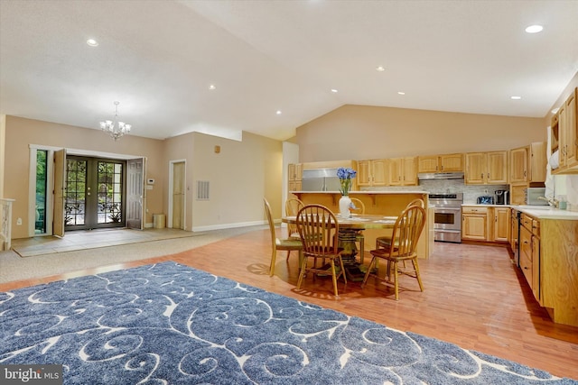 13450 Millstone Cir, Hancock, MD 21750 - dining room featuring a chandelier, high vaulted ceiling, light wood-type flooring, baseboards, and recessed lighting
