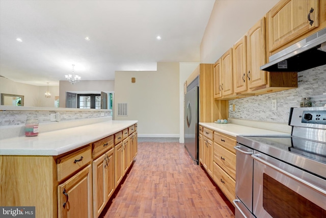 13450 Millstone Cir, Hancock, MD 21750 - kitchen featuring stainless steel appliances, under cabinet range hood, a chandelier, tasteful backsplash, and light brown cabinets