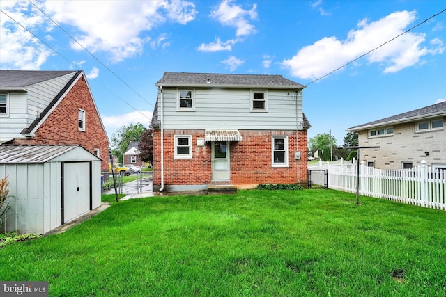 back of property featuring brick siding, a storage unit, and an outdoor structure