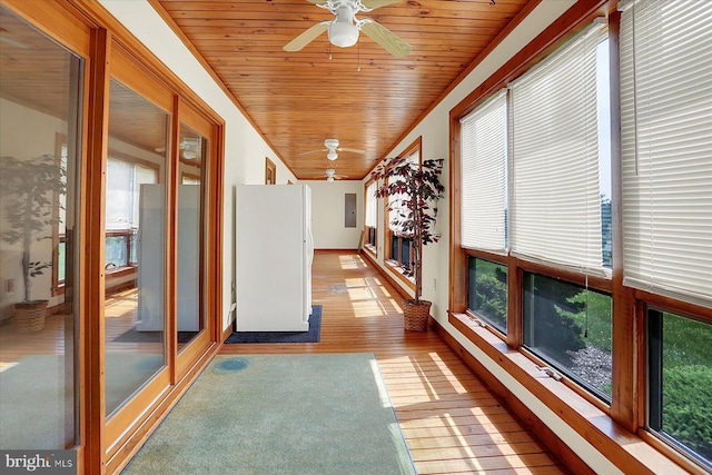 30 Foxanna Dr, Carlisle, PA 17015 - unfurnished sunroom with plenty of natural light, wooden ceiling, baseboards, wood finished floors, and electric panel