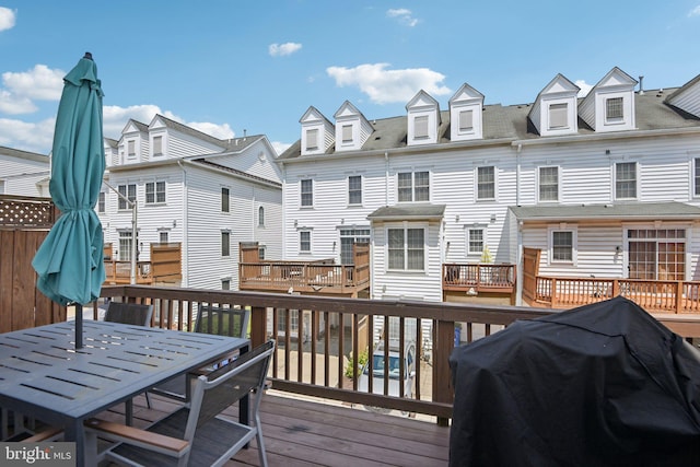 806 Ryan St, Baltimore, MD 21230 - wooden terrace featuring a grill, outdoor dining space, and a residential view